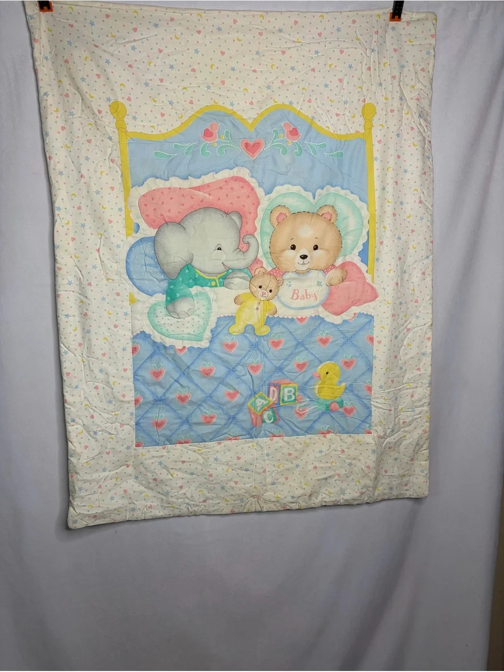 Vtg Pastel Baby Quilt Bears Duck Blocks Elephant Blanket 33X42